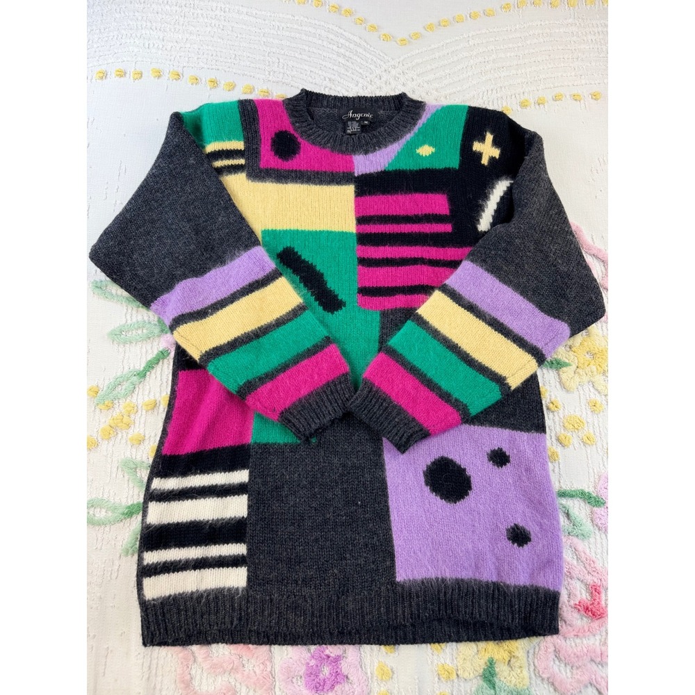 Vintage Angenie Wool Angora Geometric Colorblock Sweater 80s Abstract Grey M